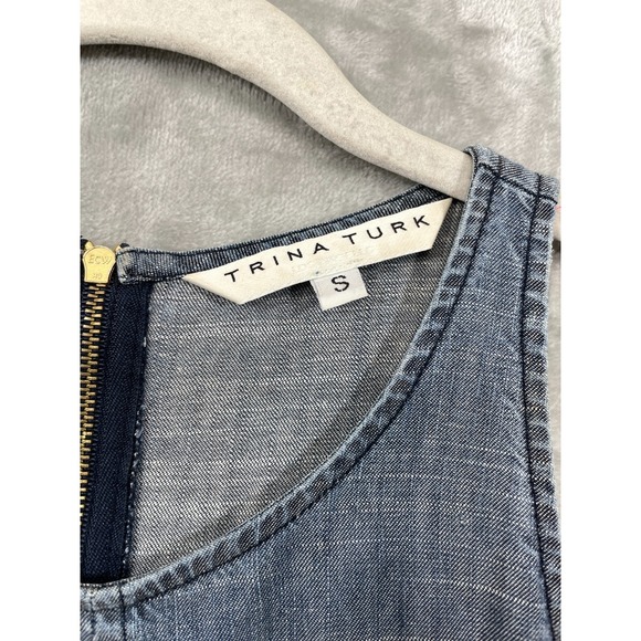 Trina Turk Linen Blend Dress Size S High-Low Chambray Blue Swing Trapeze Pocket - Picture 3 of 7